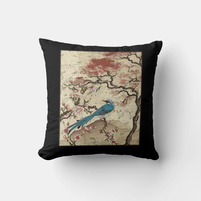 Japanese Art Birds on Peach Tree Blossom Japanese  Throw Pillow (Front)