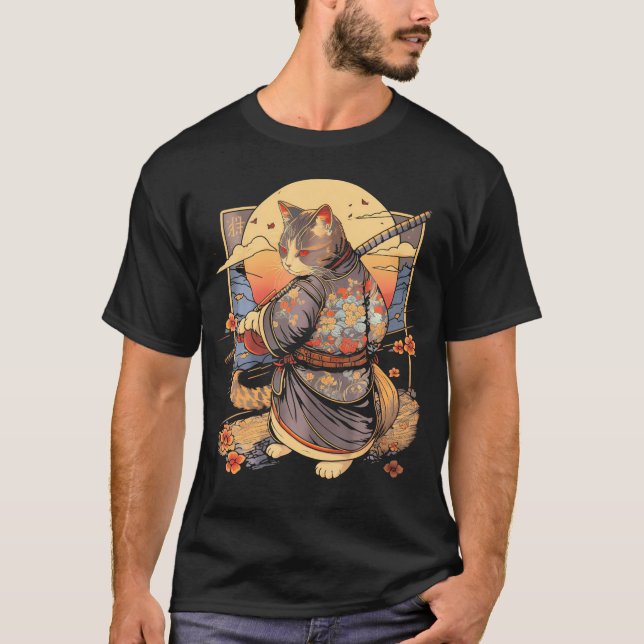 Japanese Art Cat Ninja Ukiyo-E Anime Samurai Cat   T-Shirt (Front)