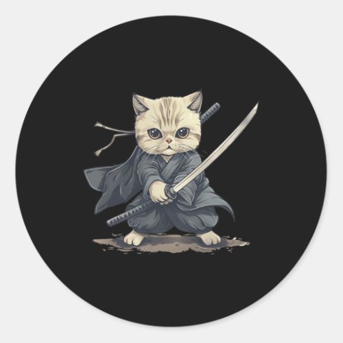 Japanese Art Cat Ninja Ukiyo_e Anime Style Samurai Classic Round Sticker