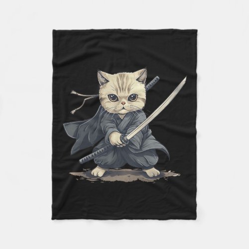 Japanese Art Cat Ninja Ukiyo_e Anime Style Samurai Fleece Blanket