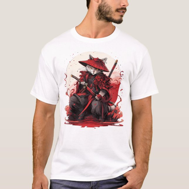 Japanese Art Cat Ninja Ukiyo-e Anime Style Samurai T-Shirt (Front)