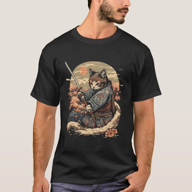 Japanese Art Cat Ninja Ukiyo-E Anime Style Samurai T-Shirt (Front)
