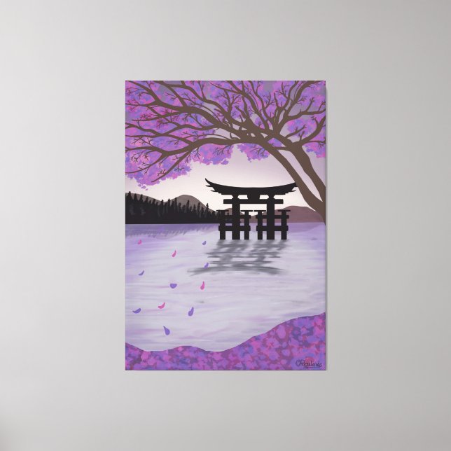 Japanese Art Cherry Blossom Tree And Lake Canvas Print (Front)