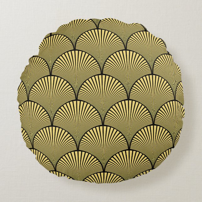 Japanese Art Deco: Black Gold Design Round Pillow (Front)