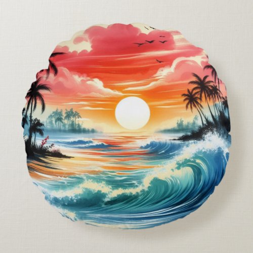 Japanese Art Design With Ocean Waves And Palm Tree Round Pillow