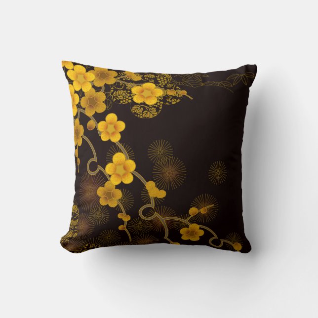 Japanese Art Golden Yellow & Deep Brown Floral Throw Pillow (Front)