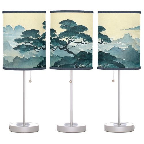 Japanese Art Green Nature  Mountain Watercolor  Table Lamp