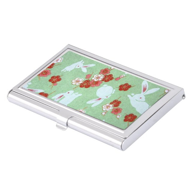 Japanese Art: Green Sakura and Rabbits Card Holder (Front)