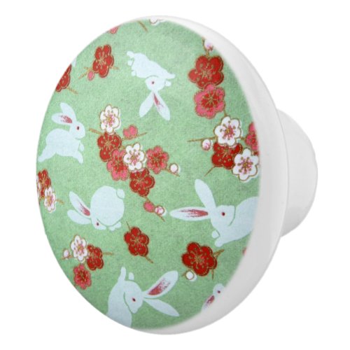 Japanese Art Green Sakura and Rabbits Knob