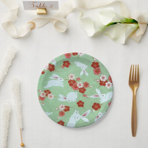 Japanese Art Green Sakura and Rabbits Paper Plate