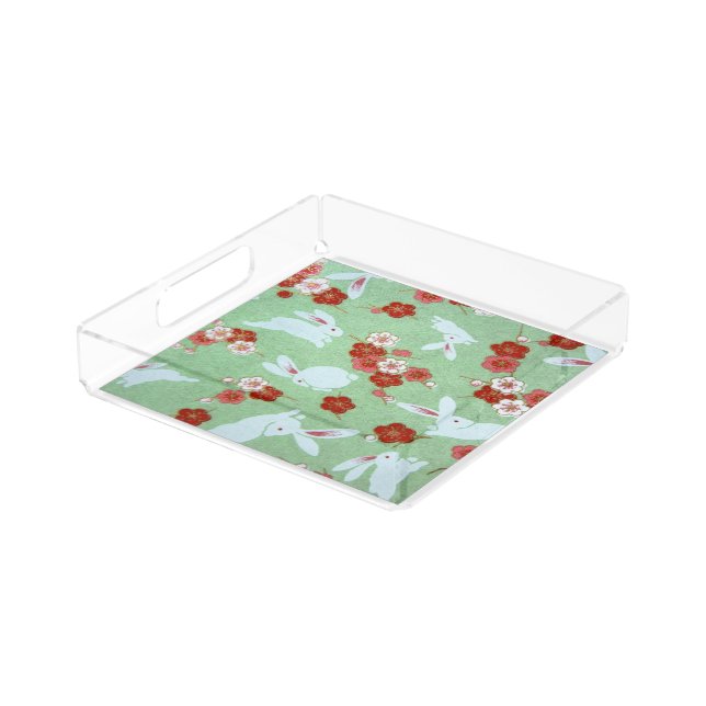 Japanese Art: Green Sakuras and Rabbits Acrylic Tray (Angled)