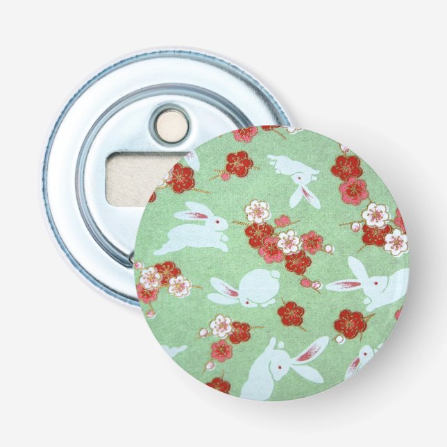 Japanese Art: Green Sakuras and Rabbits Bottle Opener (Front)