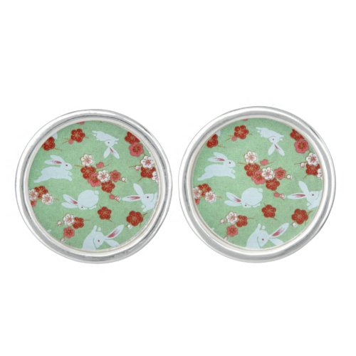 Japanese Art Green Sakuras and Rabbits Cuff Links