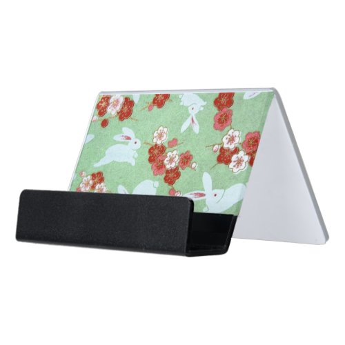 Japanese Art Green Sakuras and Rabbits Desk Business Card Holder