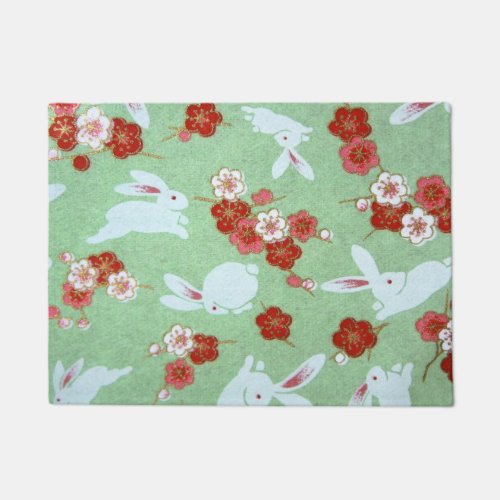 Japanese Art Green Sakuras and Rabbits Doormat