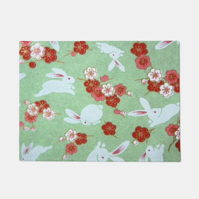 Japanese Art: Green Sakuras and Rabbits Doormat (Front)
