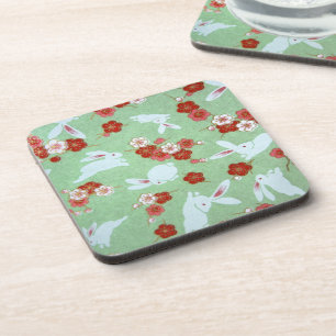 Japanese Art: Green Sakuras and Rabbits Drink Coaster