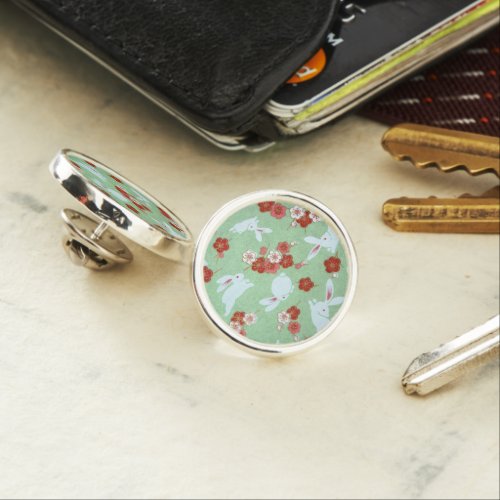 Japanese Art Green Sakuras and Rabbits Lapel Pin