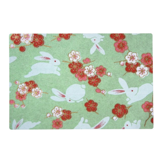 Japanese Art: Green Sakuras and Rabbits Placemat (Front)