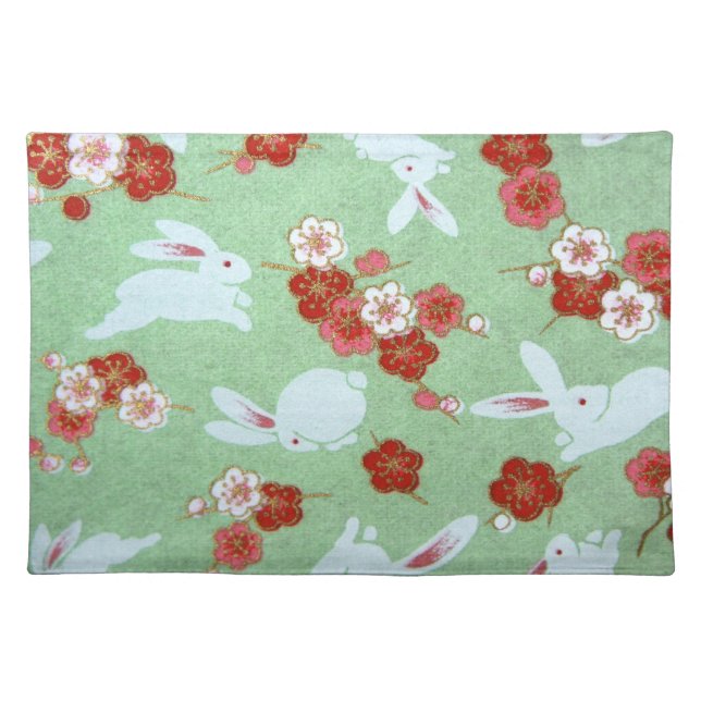 Japanese Art: Green Sakuras and Rabbits Placemat (Front)
