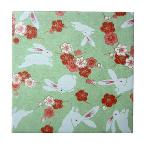 Japanese Art Green Sakuras and Rabbits Tile