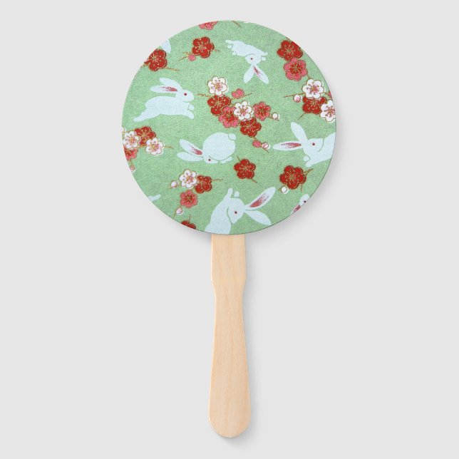 Japanese Art Green Sakuras & Rabbits Hand Fan (Front)