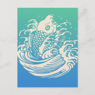 Japanese Art Koi Fish Blue Vintage Design Postcard