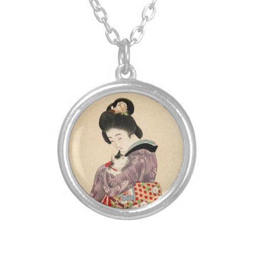 Japanese Art Necklace Elegant Gift for Cat Lover Silver Plated Necklace