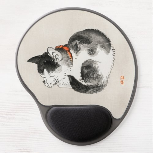 Japanese Art Neutral Beige  Gray Sleeping Cat  Gel Mouse Pad