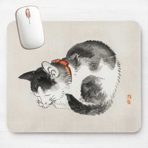 Japanese Art Neutral Beige  Gray Sleeping Cat Mouse Pad