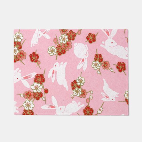 Japanese Art Pink Sakura  Rabbits Doormat