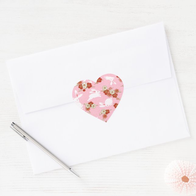 Japanese Art: Pink Sakura & Rabbits Heart Stickers (Envelope)