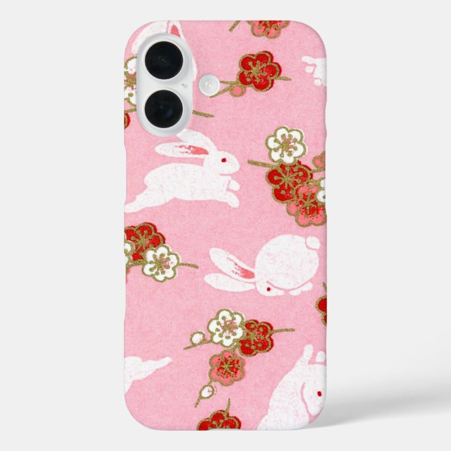 Japanese Art: Pink Sakura & Rabbits iPhone 16 Case (Back)