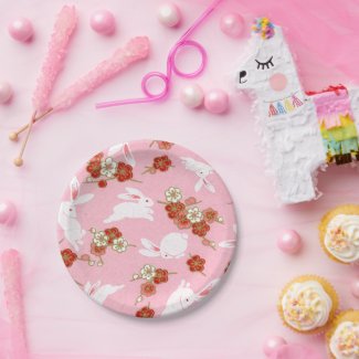 Japanese Art: Pink Sakura & Rabbits Paper Plates