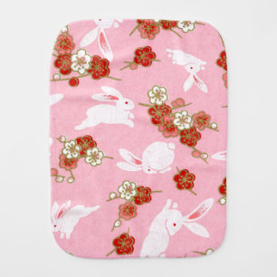 Japanese Art: Pink Sakuras and Rabbits Burp Cloth