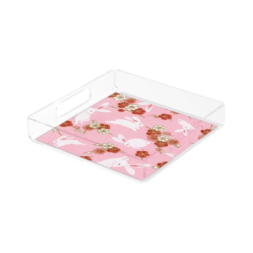 Japanese Art Pink Sakuras  Rabbits Acrylic Tray