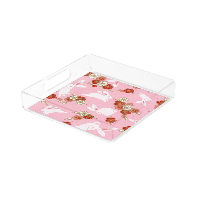 Japanese Art: Pink Sakuras & Rabbits Acrylic Tray (Angled)