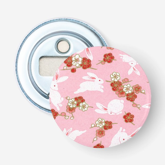 Japanese Art: Pink Sakuras & Rabbits Bottle Opener (Front)