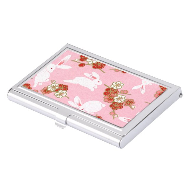 Japanese Art: Pink Sakuras & Rabbits Card Holder (Front)
