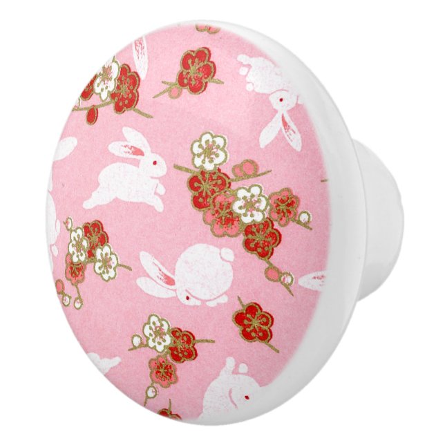 Japanese Art: Pink Sakuras & Rabbits Ceramic Knob (Right)
