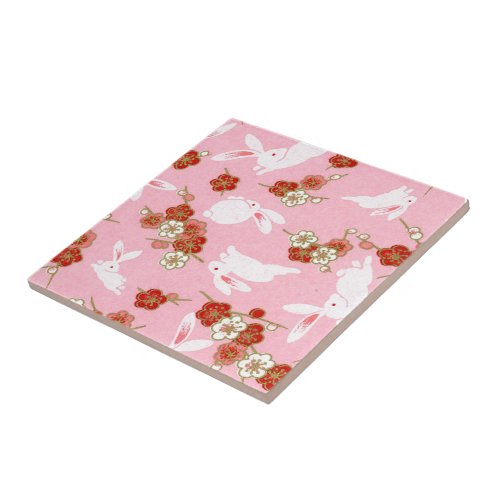Japanese Art Pink Sakuras  Rabbits Ceramic Tile