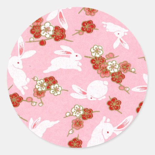Japanese Art Pink Sakuras  Rabbits Classic Round Sticker
