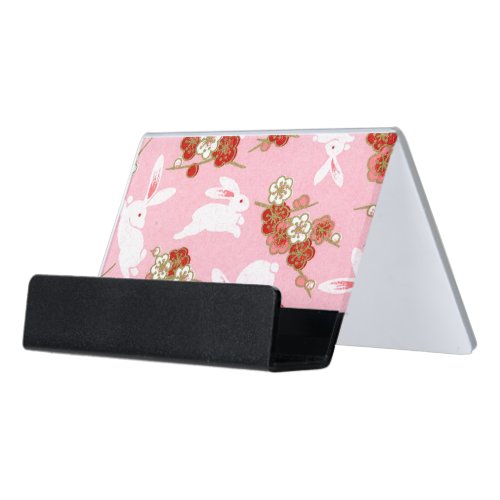 Japanese Art Pink Sakuras  Rabbits Desk Business Card Holder