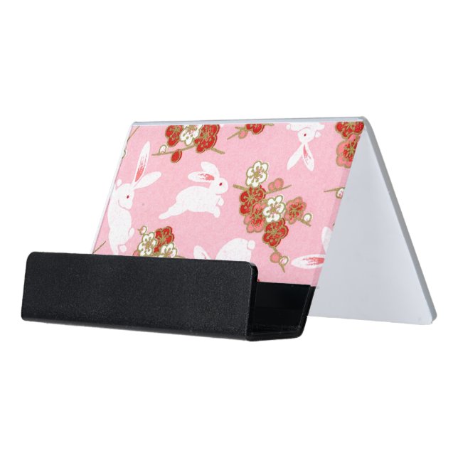 Japanese Art: Pink Sakuras & Rabbits Desk Business Card Holder (Angled Front)