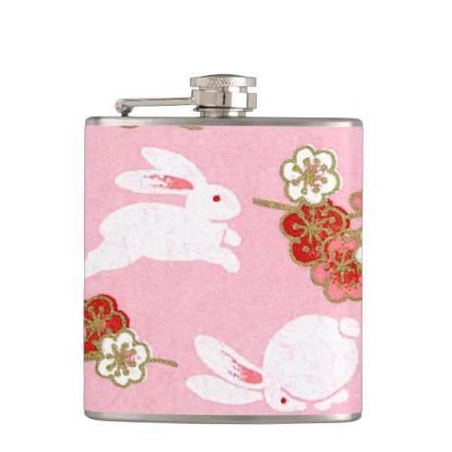 Japanese Art Pink Sakuras  Rabbits Hip Flask