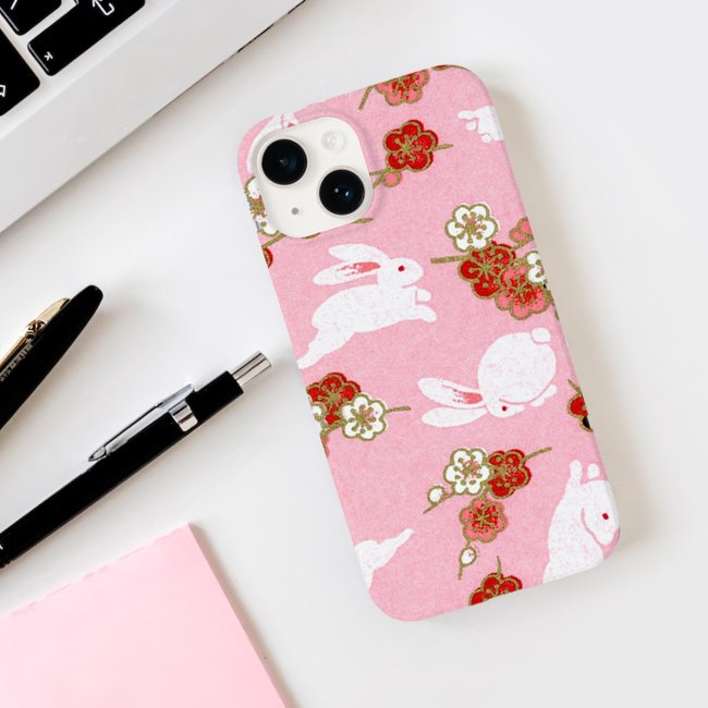 Japanese Art Pink Sakuras & Rabbits iPhone 14 Case