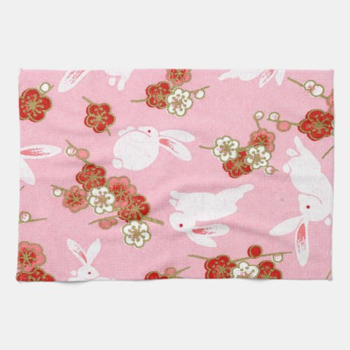 Japanese Art Pink Sakuras  Rabbits Kitchen Towel