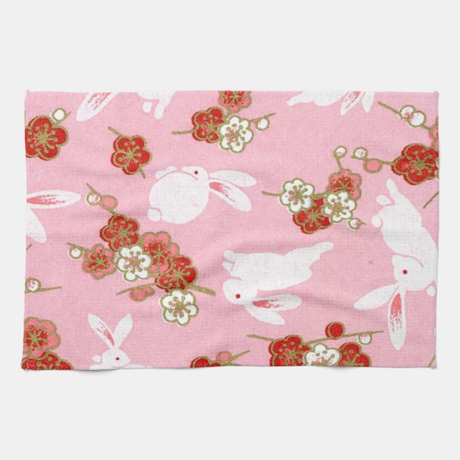Japanese Art: Pink Sakuras & Rabbits Kitchen Towel (Horizontal)