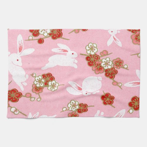 Japanese Art Pink Sakuras  Rabbits Kitchen Towel