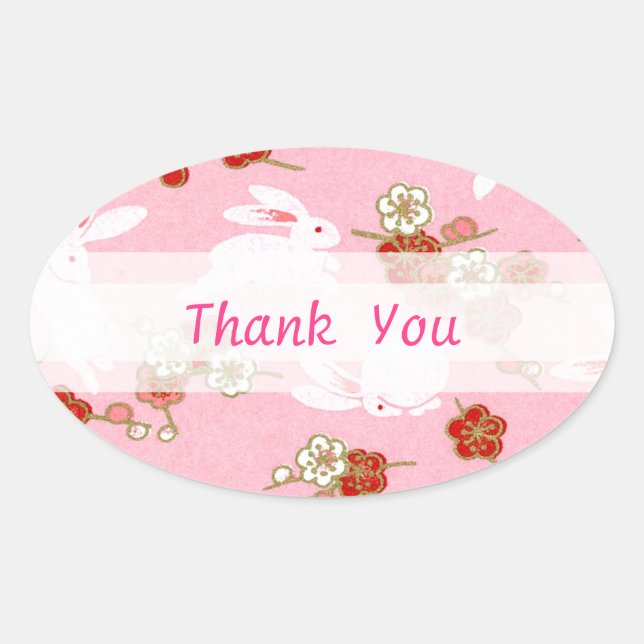 Japanese Art: Pink Sakuras & Rabbits Oval Sticker (Front)